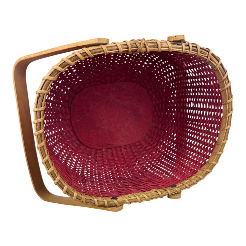 Red Woven Oval Basket with Double Wood Swing Handles Rustic Home Decor Primitive